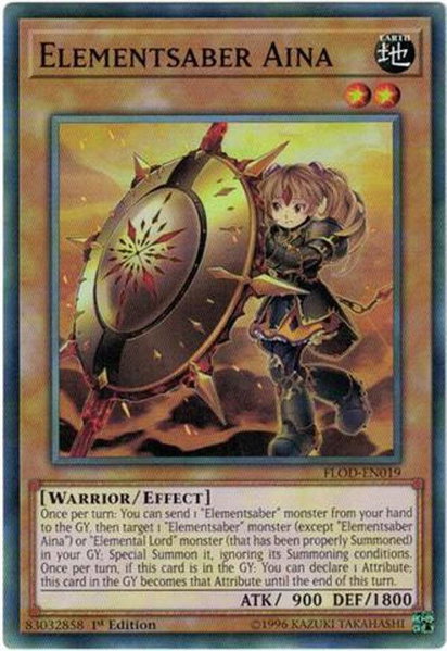 Elementsaber Aina trading card from Flames of Destruction Elementsaber Aina - Flames of Destruction YuGiOh trading card