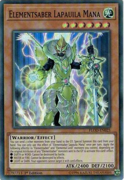 Elementsaber Lapauila Mana trading card from Flames of Destruction Elementsaber Lapauila Mana - Flames of Destruction YuGiOh trading card