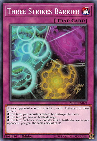 Three Strikes Barrier trading card from 2018 Mega-Tins Mega Pack Three Strikes Barrier - 2018 Mega-Tins Mega Pack YuGiOh trading card