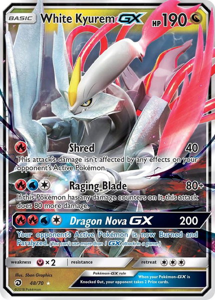 White Kyurem GX trading card from Dragon Majesty White Kyurem GX - Dragon Majesty Pokémon trading card