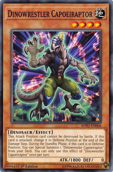 Dinowrestler Capoeiraptor trading card from Soul Fusion Dinowrestler Capoeiraptor - Soul Fusion YuGiOh trading card