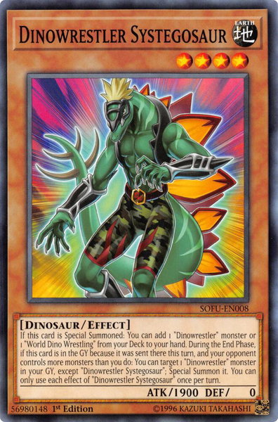 Dinowrestler Systegosaur trading card from Soul Fusion Dinowrestler Systegosaur - Soul Fusion YuGiOh trading card