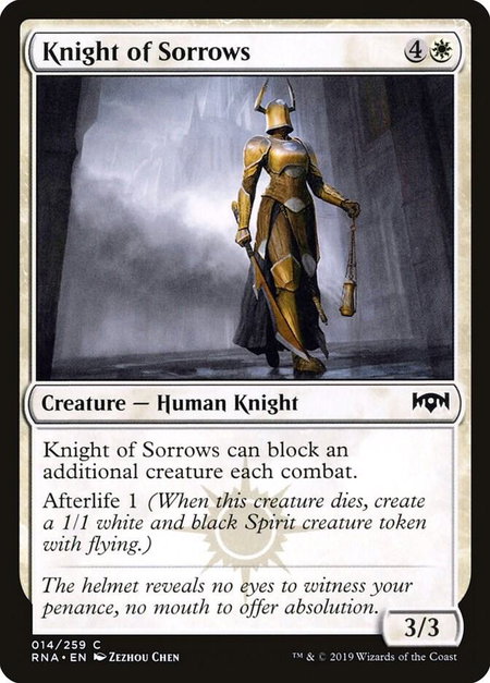 Knight of Sorrows trading card from Ravnica Allegiance Knight of Sorrows - Ravnica Allegiance Magic: The Gathering trading card