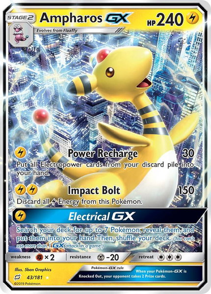 Ampharos GX trading card from SM - Team Up Ampharos GX - SM - Team Up Pokémon trading card
