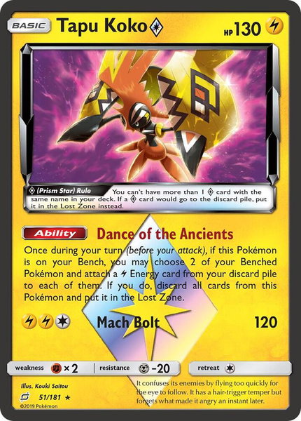 Tapu Koko Prism Star trading card from SM - Team Up Tapu Koko Prism Star - SM - Team Up Pokémon trading card