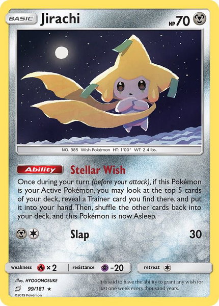 Jirachi trading card from SM - Team Up Jirachi - SM - Team Up Pokémon trading card