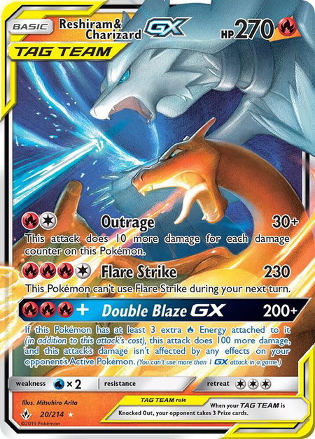 Reshiram & Charizard GX trading card from SM - Unbroken Bonds Reshiram & Charizard GX - SM - Unbroken Bonds Pokémon trading card