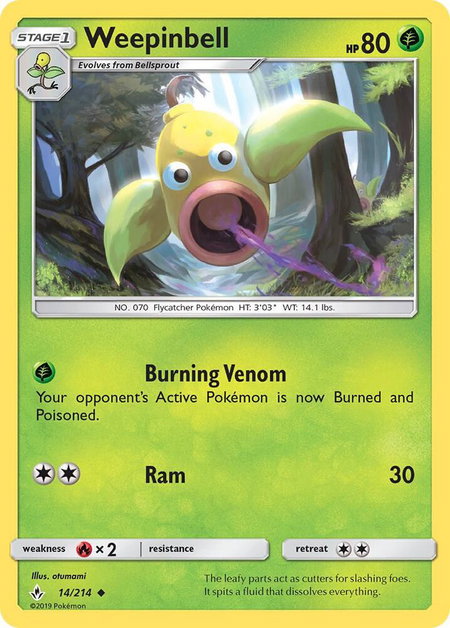 Weepinbell trading card from SM - Unbroken Bonds Weepinbell - SM - Unbroken Bonds Pokémon trading card