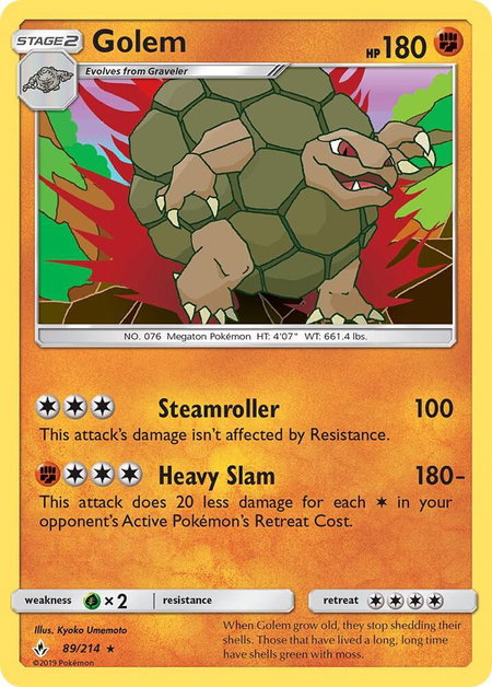 Golem trading card from SM - Unbroken Bonds Golem - SM - Unbroken Bonds Pokémon trading card