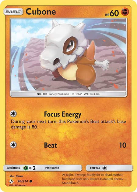 Cubone trading card from SM - Unbroken Bonds Cubone - SM - Unbroken Bonds Pokémon trading card
