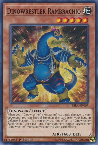 Dinowrestler Rambrachio trading card from Rising Rampage Dinowrestler Rambrachio - Rising Rampage YuGiOh trading card