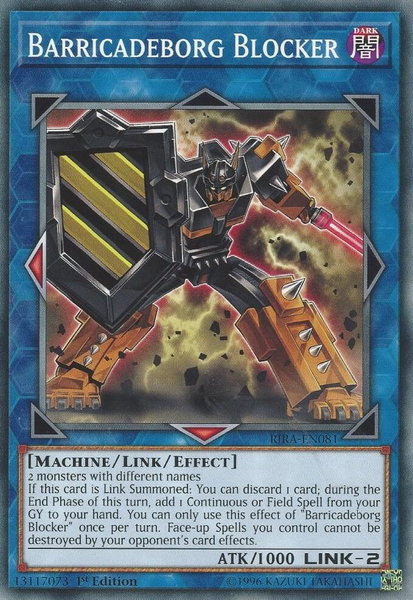 Barricadeborg Blocker trading card from Rising Rampage Barricadeborg Blocker - Rising Rampage YuGiOh trading card