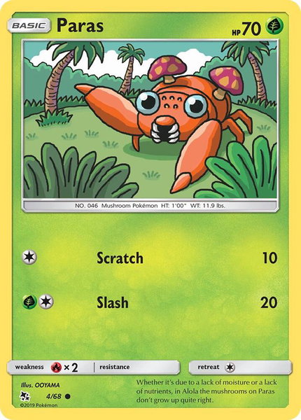 Paras trading card from Hidden Fates Paras - Hidden Fates Pokémon trading card