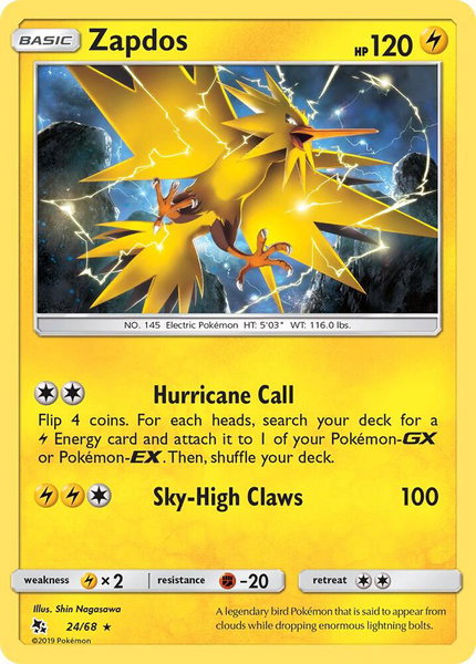 Zapdos trading card from Hidden Fates Zapdos - Hidden Fates Pokémon trading card