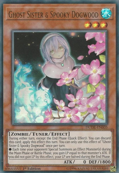 Ghost Sister & Spooky Dogwood trading card from Duel Devastator Ghost Sister & Spooky Dogwood - Duel Devastator YuGiOh trading card