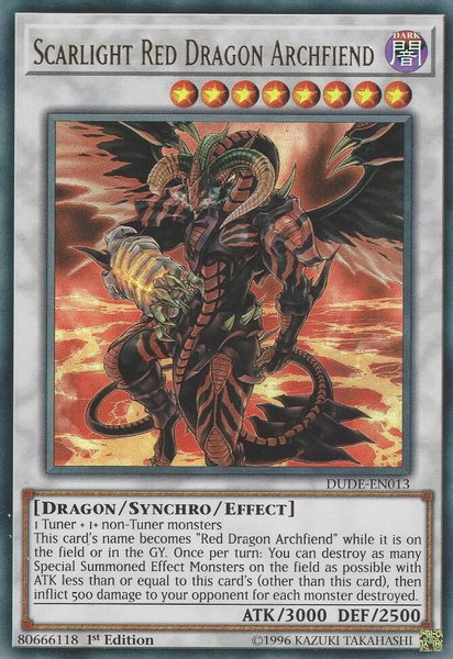 Scarlight Red Dragon Archfiend trading card from Duel Devastator Scarlight Red Dragon Archfiend - Duel Devastator YuGiOh trading card