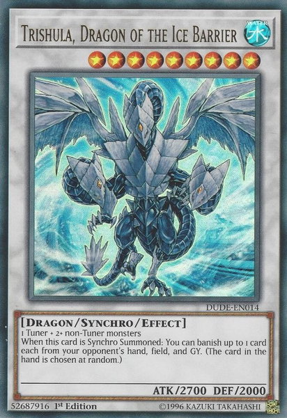 Trishula, Dragon of the Ice Barrier trading card from Duel Devastator Trishula, Dragon of the Ice Barrier - Duel Devastator YuGiOh trading card