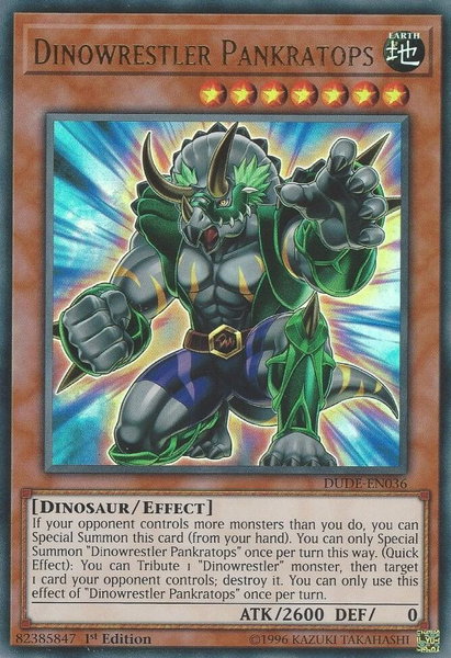 Dinowrestler Pankratops trading card from Duel Devastator Dinowrestler Pankratops - Duel Devastator YuGiOh trading card
