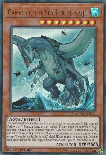 Gameciel, the Sea Turtle Kaiju trading card from Duel Devastator Gameciel, the Sea Turtle Kaiju - Duel Devastator YuGiOh trading card