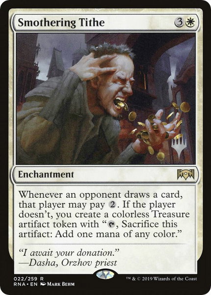 Smothering Tithe trading card from Promo Pack: Throne of Eldraine Smothering Tithe - Promo Pack: Throne of Eldraine Magic: The Gathering trading card