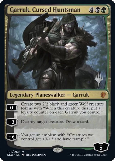 Garruk, Cursed Huntsman trading card from Promo Pack: Throne of Eldraine Garruk, Cursed Huntsman - Promo Pack: Throne of Eldraine Magic: The Gathering trading card