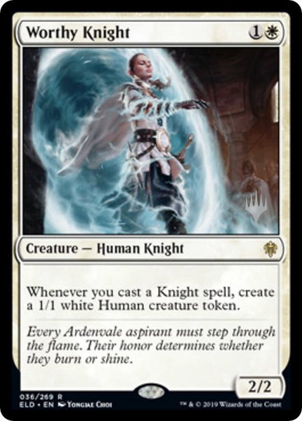 Worthy Knight trading card from Promo Pack: Throne of Eldraine Worthy Knight - Promo Pack: Throne of Eldraine Magic: The Gathering trading card