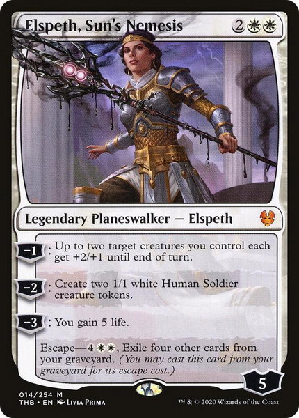 Elspeth, Sun's Nemesis trading card from Theros Beyond Death Elspeth, Sun's Nemesis - Theros Beyond Death Magic: The Gathering trading card