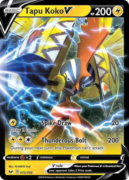 Tapu Koko V trading card from SWSH01: Sword & Shield Base Set Tapu Koko V - SWSH01: Sword & Shield Base Set Pokémon trading card