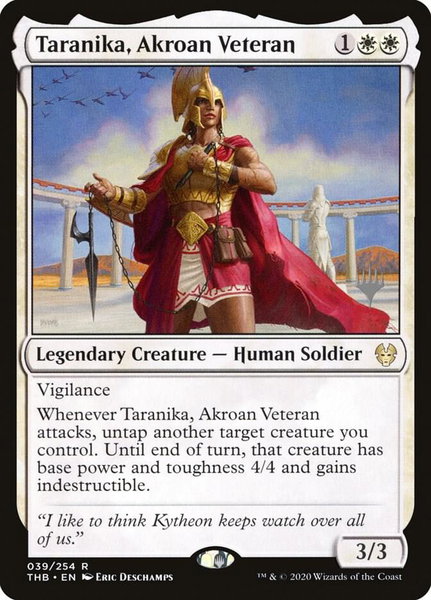 Taranika, Akroan Veteran trading card from Promo Pack: Theros Beyond Death Taranika, Akroan Veteran - Promo Pack: Theros Beyond Death Magic: The Gathering trading card