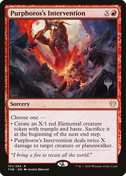 Purphoros's Intervention trading card from Promo Pack: Theros Beyond Death Purphoros's Intervention - Promo Pack: Theros Beyond Death Magic: The Gathering trading card