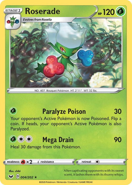 Roserade trading card from SWSH01: Sword & Shield Base Set Roserade - SWSH01: Sword & Shield Base Set Pokémon trading card