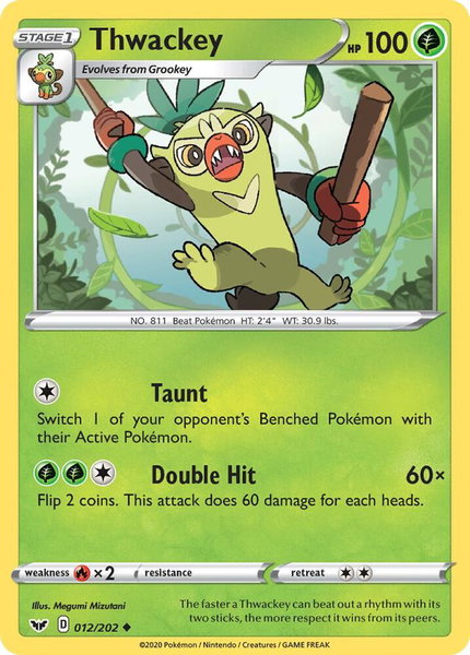 Thwackey (012) trading card from SWSH01: Sword & Shield Base Set Thwackey (012) - SWSH01: Sword & Shield Base Set Pokémon trading card
