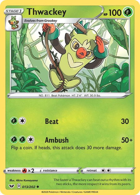 Thwackey (013) trading card from SWSH01: Sword & Shield Base Set Thwackey (013) - SWSH01: Sword & Shield Base Set Pokémon trading card