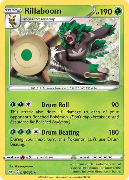 Rillaboom (015) trading card from SWSH01: Sword & Shield Base Set Rillaboom (015) - SWSH01: Sword & Shield Base Set Pokémon trading card
