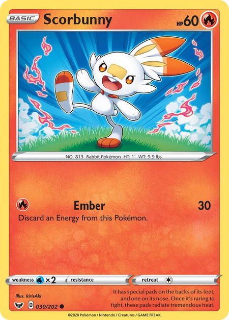 Scorbunny (030) trading card from SWSH01: Sword & Shield Base Set Scorbunny (030) - SWSH01: Sword & Shield Base Set Pokémon trading card