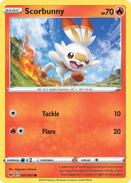 Scorbunny (031) trading card from SWSH01: Sword & Shield Base Set Scorbunny (031) - SWSH01: Sword & Shield Base Set Pokémon trading card