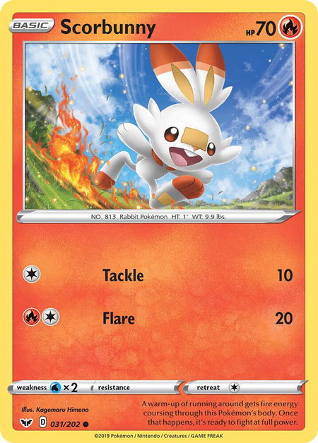 Scorbunny (031) trading card from SWSH01: Sword & Shield Base Set Scorbunny (031) - SWSH01: Sword & Shield Base Set Pokémon trading card