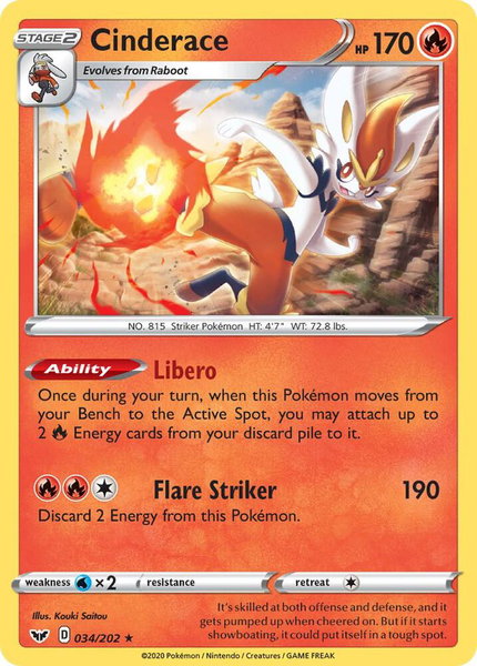 Cinderace (034) trading card from SWSH01: Sword & Shield Base Set Cinderace (034) - SWSH01: Sword & Shield Base Set Pokémon trading card