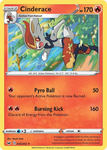 Cinderace (035) trading card from SWSH01: Sword & Shield Base Set Cinderace (035) - SWSH01: Sword & Shield Base Set Pokémon trading card