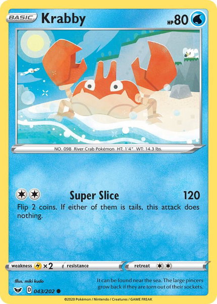 Krabby (043) trading card from SWSH01: Sword & Shield Base Set Krabby (043) - SWSH01: Sword & Shield Base Set Pokémon trading card