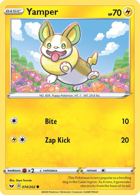 Yamper (074) trading card from SWSH01: Sword & Shield Base Set Yamper (074) - SWSH01: Sword & Shield Base Set Pokémon trading card