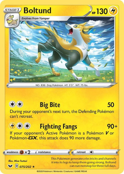 Boltund (075) trading card from SWSH01: Sword & Shield Base Set Boltund (075) - SWSH01: Sword & Shield Base Set Pokémon trading card
