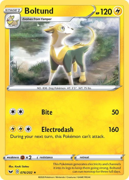 Boltund (076) trading card from SWSH01: Sword & Shield Base Set Boltund (076) - SWSH01: Sword & Shield Base Set Pokémon trading card