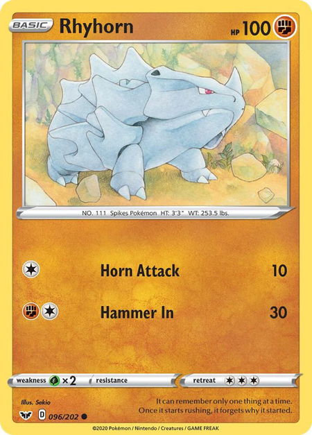 Rhyhorn (096) trading card from SWSH01: Sword & Shield Base Set Rhyhorn (096) - SWSH01: Sword & Shield Base Set Pokémon trading card