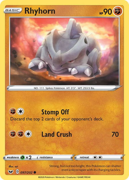 Rhyhorn (097) trading card from SWSH01: Sword & Shield Base Set Rhyhorn (097) - SWSH01: Sword & Shield Base Set Pokémon trading card