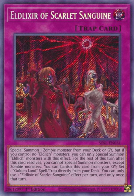 Eldlixir of Scarlet Sanguine trading card from Secret Slayers Eldlixir of Scarlet Sanguine - Secret Slayers YuGiOh trading card
