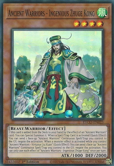 Ancient Warriors - Ingenious Zhuge Kong trading card from Eternity Code Ancient Warriors - Ingenious Zhuge Kong - Eternity Code YuGiOh trading card