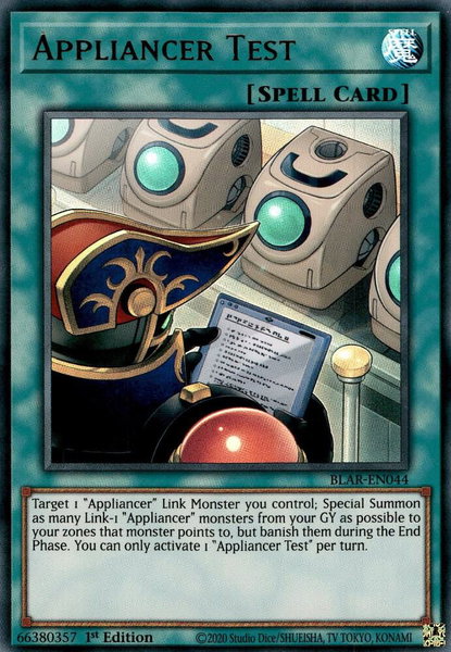 Appliancer Test trading card from Battles of Legend: Armageddon Appliancer Test - Battles of Legend: Armageddon YuGiOh trading card
