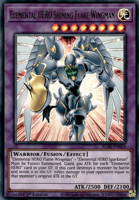 Elemental HERO Shining Flare Wingman trading card from Battles of Legend: Armageddon Elemental HERO Shining Flare Wingman - Battles of Legend: Armageddon YuGiOh trading card