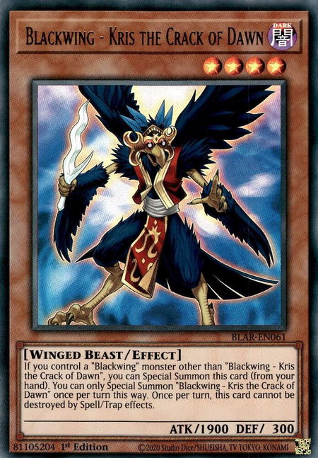Blackwing - Kris the Crack of Dawn trading card from Battles of Legend: Armageddon Blackwing - Kris the Crack of Dawn - Battles of Legend: Armageddon YuGiOh trading card